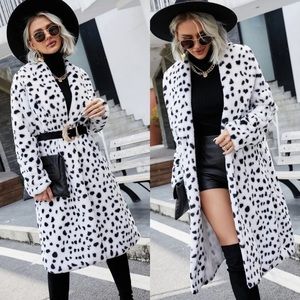 Polka dot leopard dalmatian print teddy trench coat long jacket white black